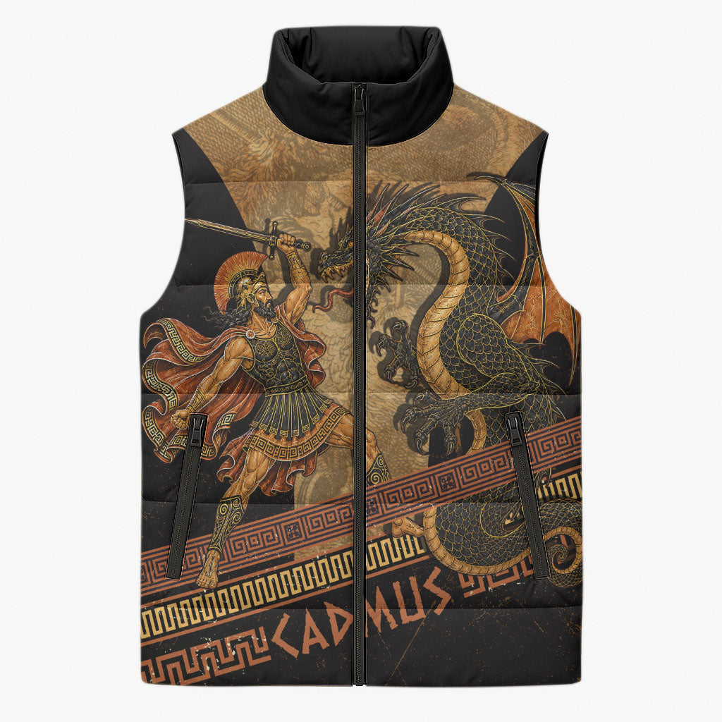 Cadmus Dragon Slayer Sleeveless Puffer Jacket Mythological Beast Battle Vintage Greek