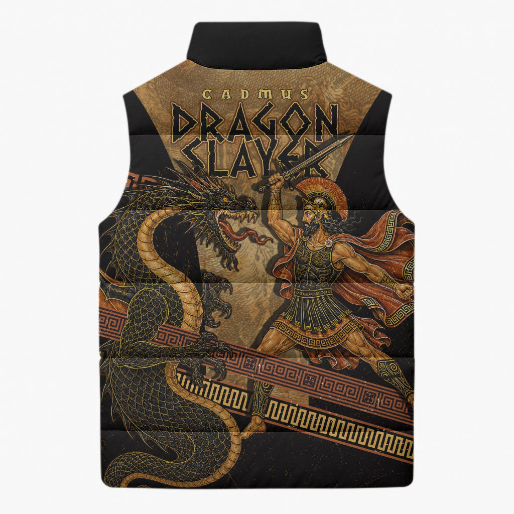 Cadmus Dragon Slayer Sleeveless Puffer Jacket Mythological Beast Battle Vintage Greek