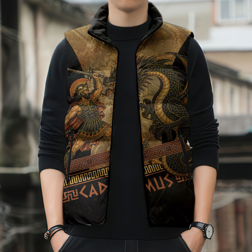 Cadmus Dragon Slayer Sleeveless Puffer Jacket Mythological Beast Battle Vintage Greek