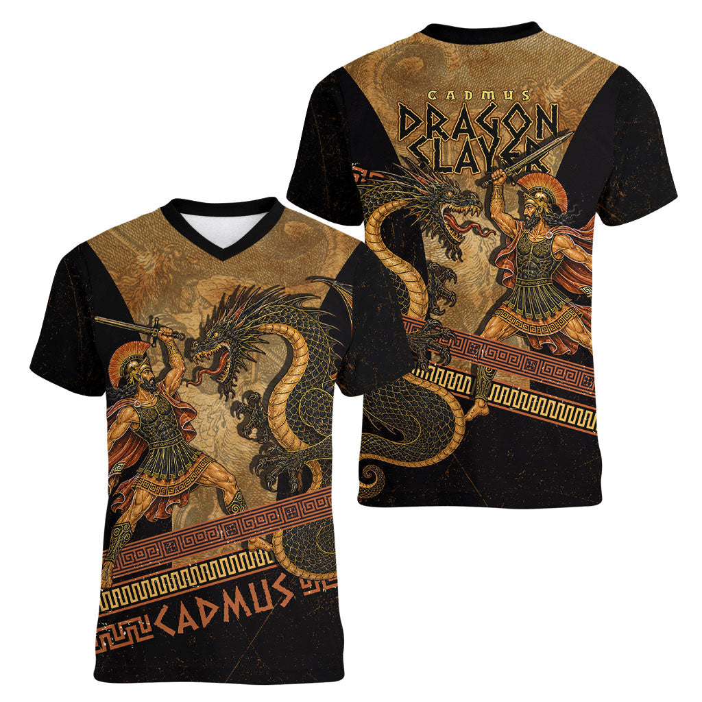 Cadmus Dragon Slayer Women V-Neck T-Shirt Mythological Beast Battle Vintage Greek