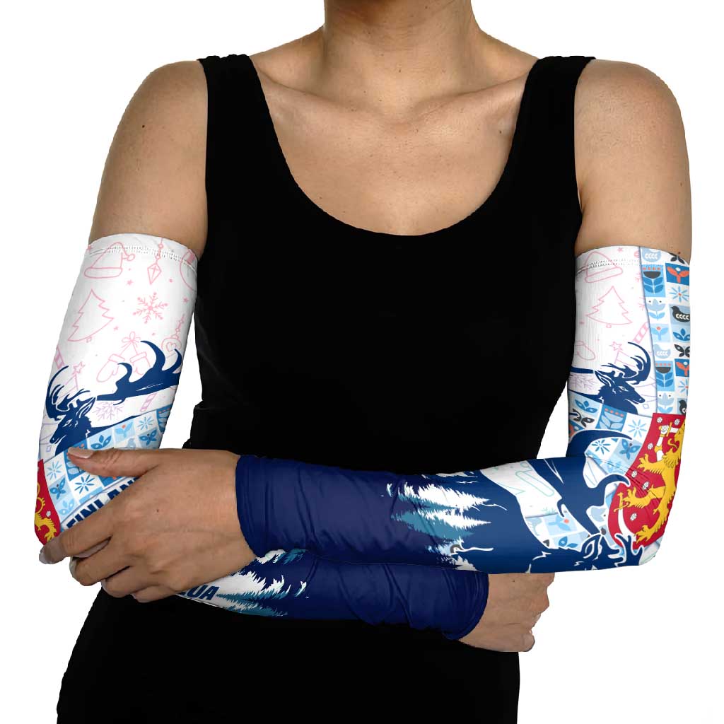 Finland Christmas Arm Sleeves with Reindeer Forest Crest and Nordic Pattern Design - Wonder Print Shop