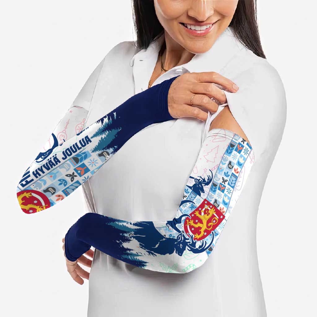 Finland Christmas Arm Sleeves with Reindeer Forest Crest and Nordic Pattern Design - Wonder Print Shop
