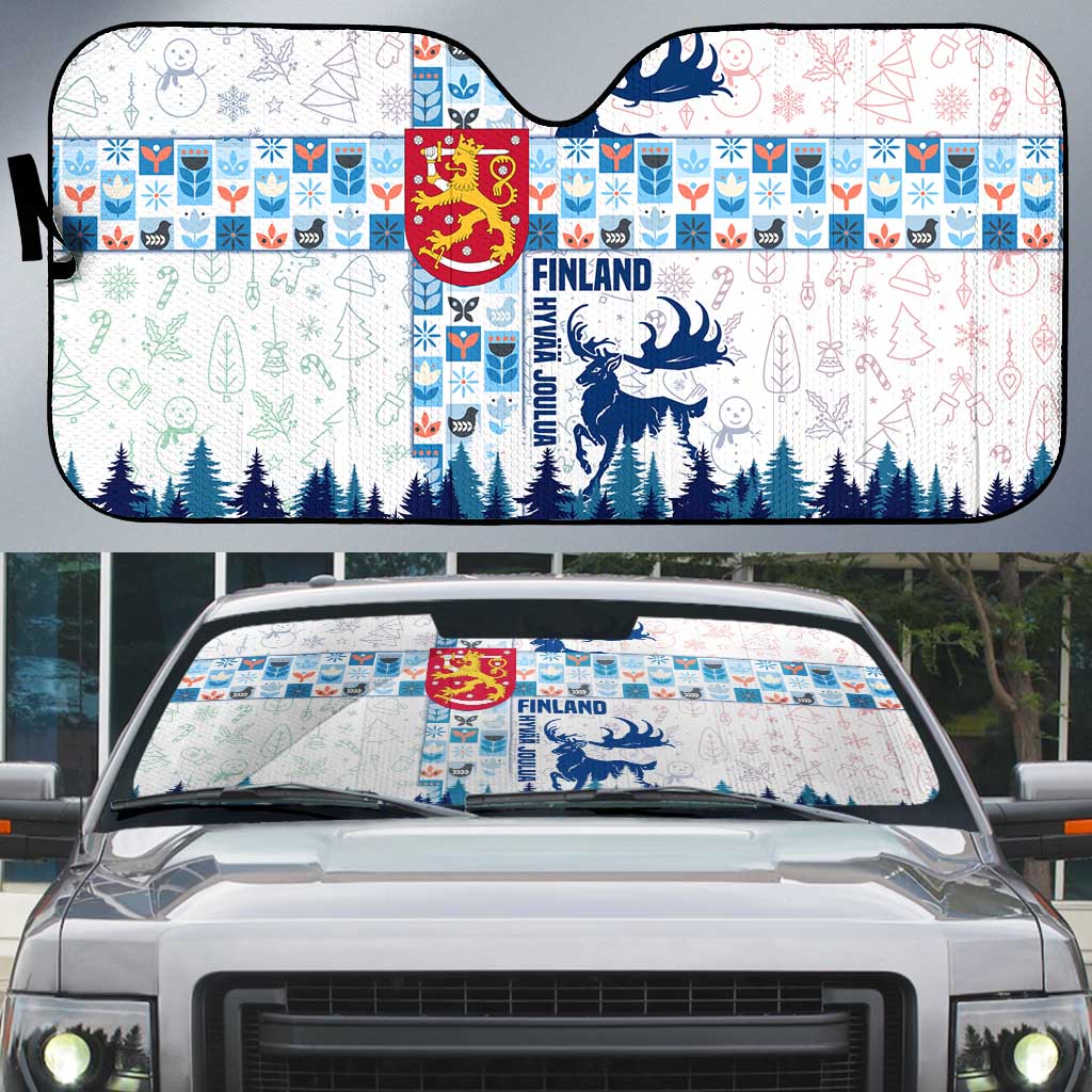 Finland Christmas Auto Sun Shade with Reindeer Forest Crest and Nordic Pattern Design - Wonder Print Shop