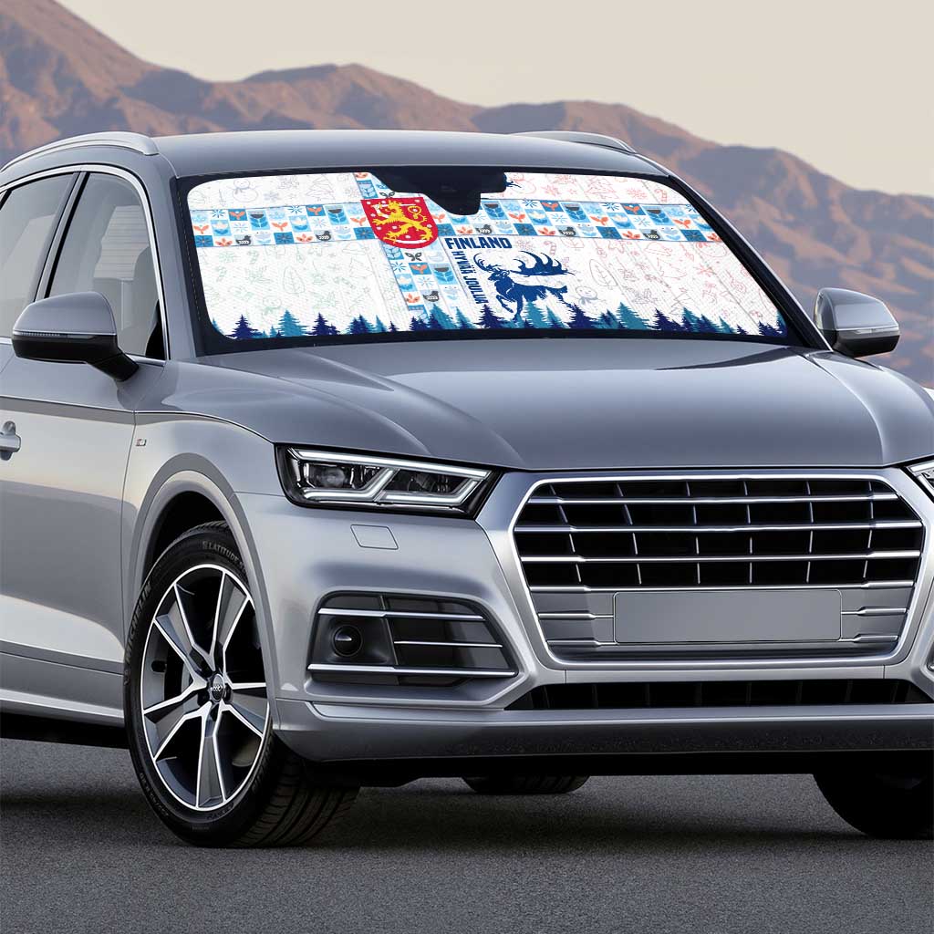 Finland Christmas Auto Sun Shade with Reindeer Forest Crest and Nordic Pattern Design - Wonder Print Shop