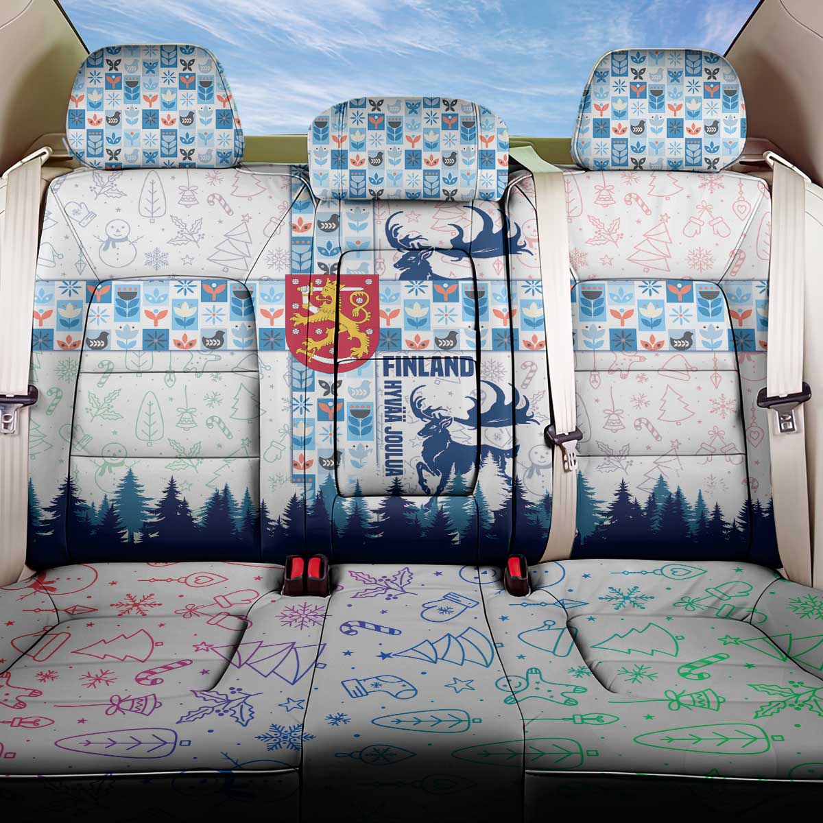Finland Christmas Back Car Seat Cover with Reindeer Forest Crest and Nordic Pattern Design - Wonder Print Shop