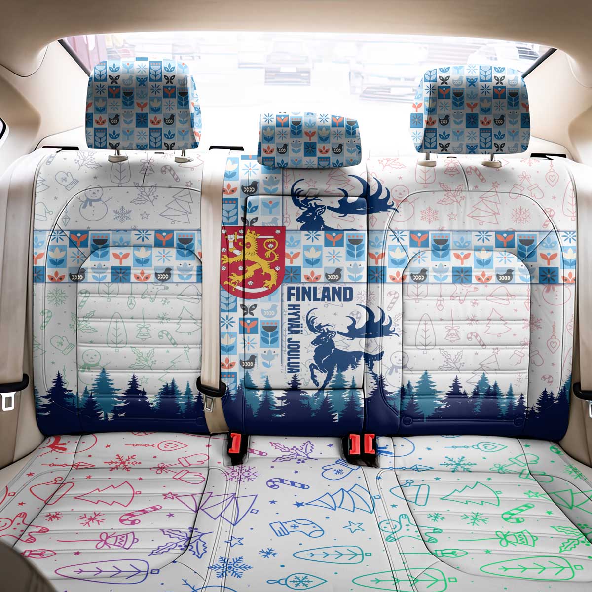 Finland Christmas Back Car Seat Cover with Reindeer Forest Crest and Nordic Pattern Design - Wonder Print Shop