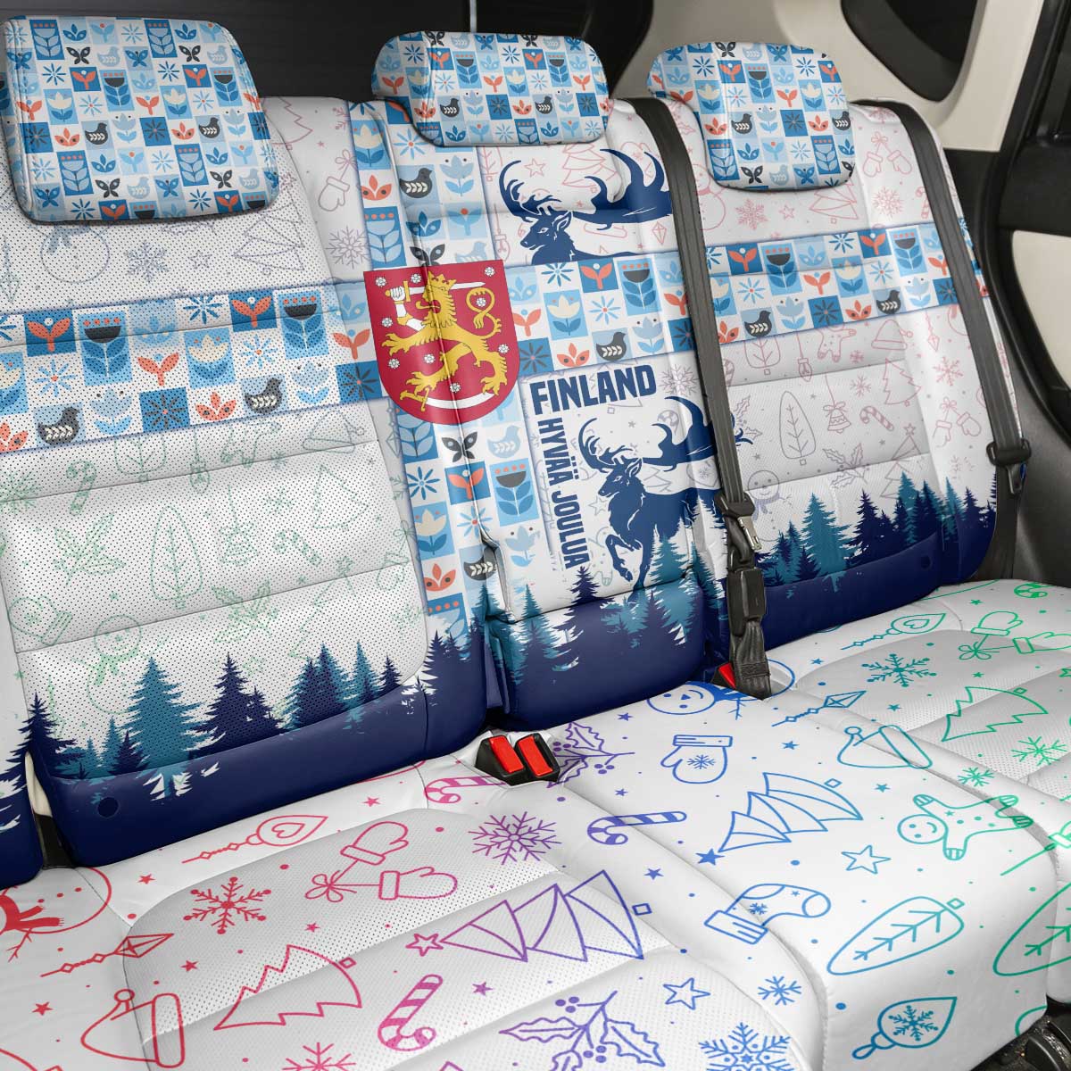 Finland Christmas Back Car Seat Cover with Reindeer Forest Crest and Nordic Pattern Design - Wonder Print Shop
