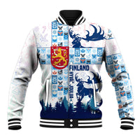 Finland Christmas Baseball Jacket with Reindeer Forest Crest and Nordic Pattern Design - Wonder Print Shop