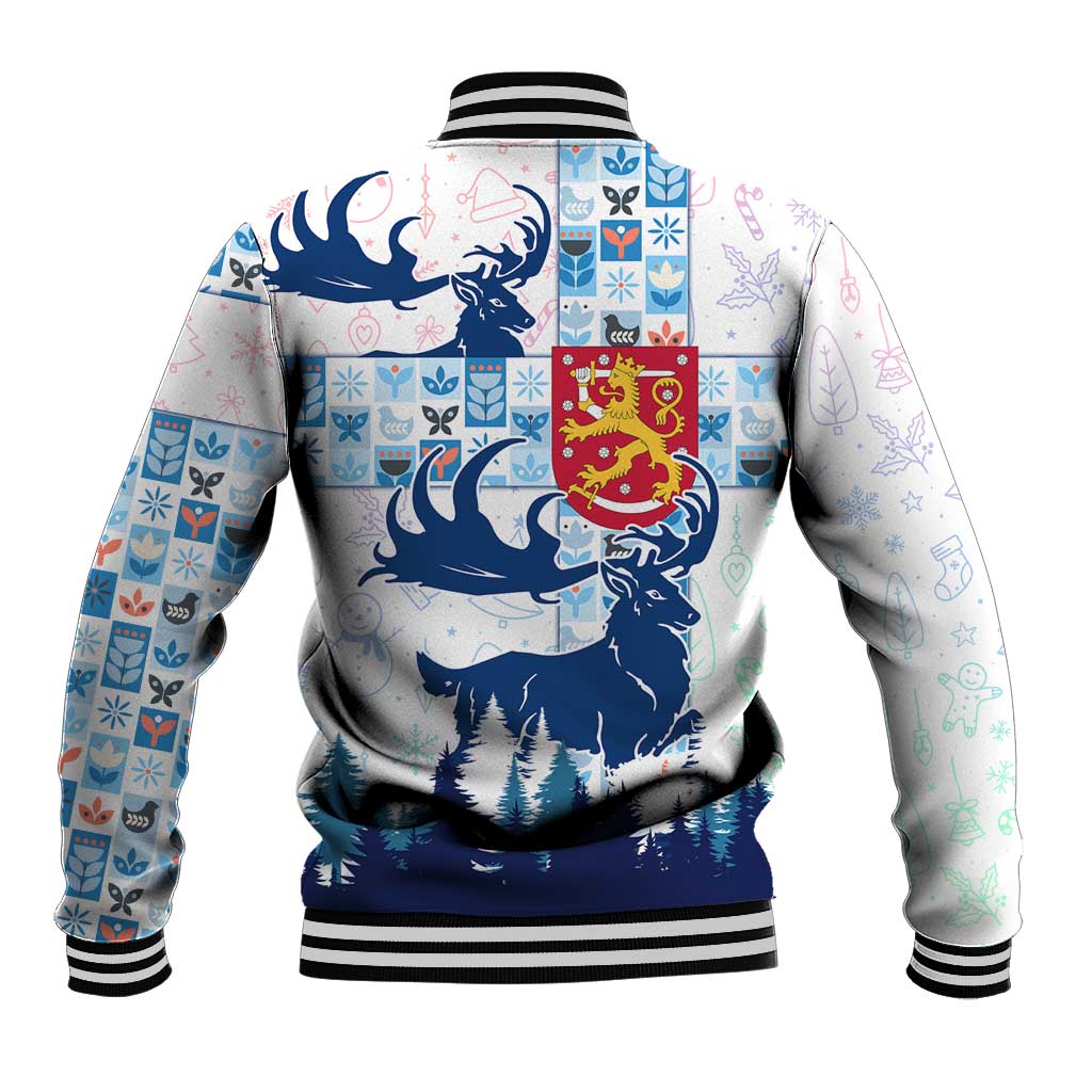 Finland Christmas Baseball Jacket with Reindeer Forest Crest and Nordic Pattern Design - Wonder Print Shop