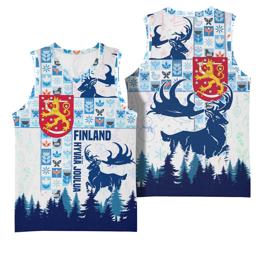Finland Christmas Basketball Jersey with Reindeer Forest Crest and Nordic Pattern Design - Wonder Print Shop