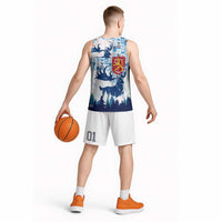 Finland Christmas Basketball Jersey with Reindeer Forest Crest and Nordic Pattern Design - Wonder Print Shop