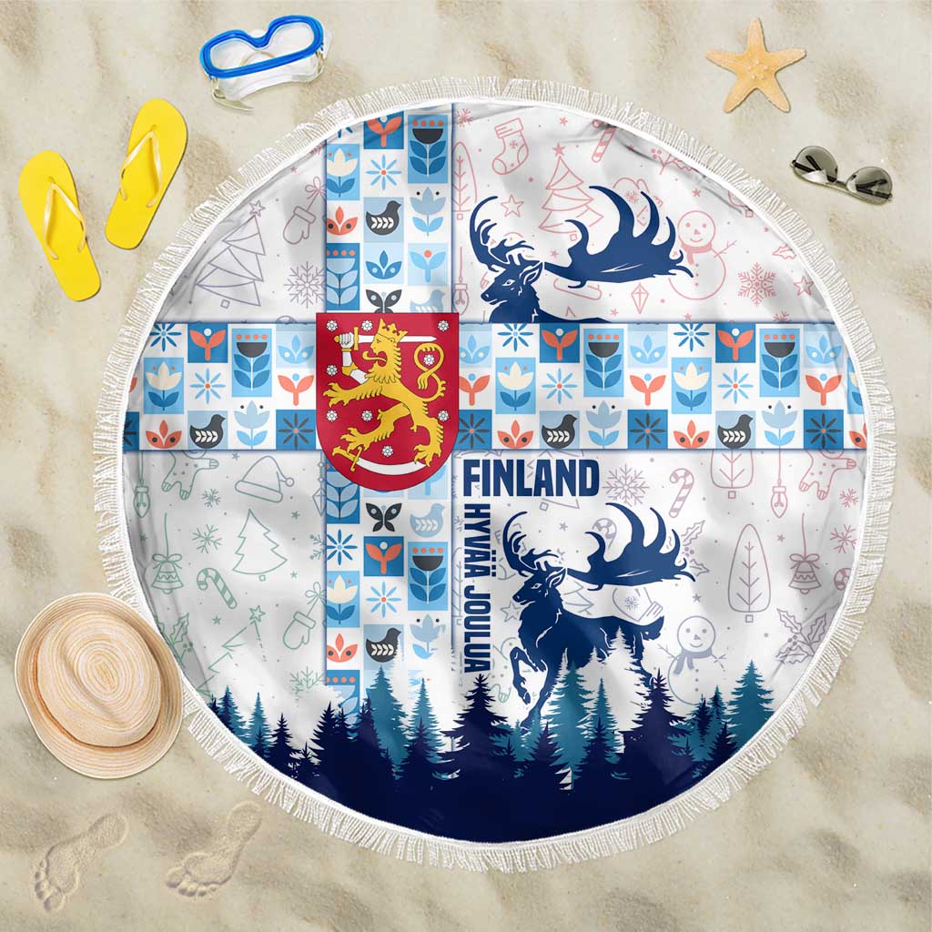 Finland Christmas Beach Blanket with Reindeer Forest Crest and Nordic Pattern Design - Wonder Print Shop
