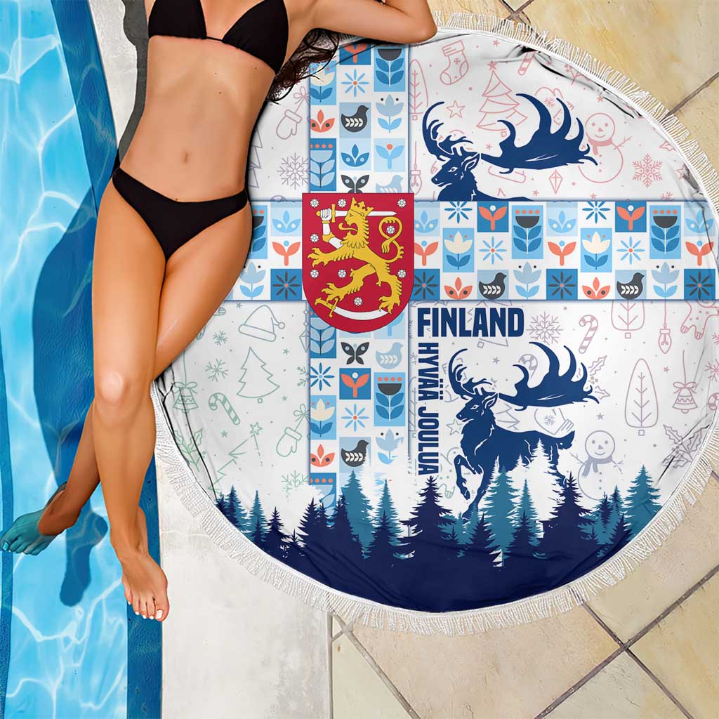 Finland Christmas Beach Blanket with Reindeer Forest Crest and Nordic Pattern Design - Wonder Print Shop