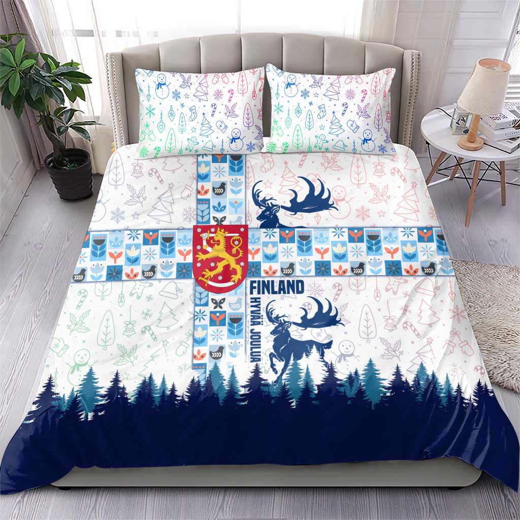 Finland Christmas Bedding Set with Reindeer Forest Crest and Nordic Pattern Design - Wonder Print Shop