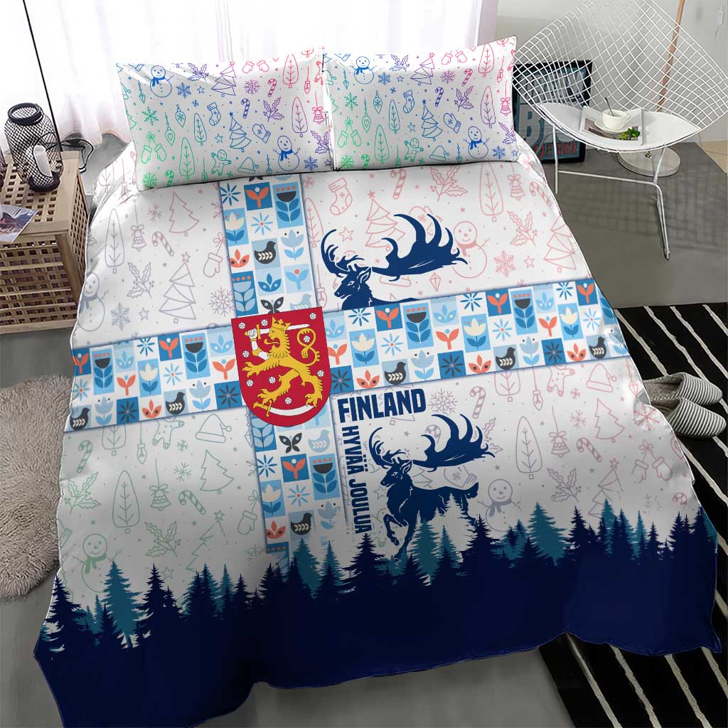 Finland Christmas Bedding Set with Reindeer Forest Crest and Nordic Pattern Design - Wonder Print Shop