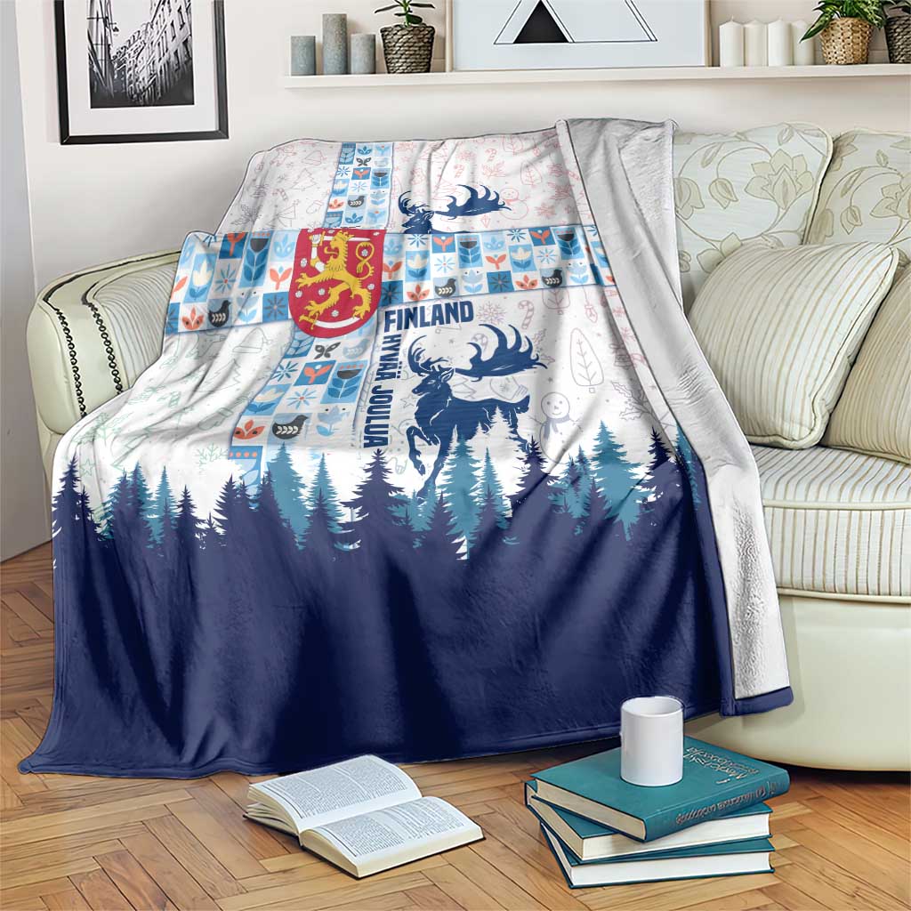 Finland Christmas Blanket with Reindeer Forest Crest and Nordic Pattern Design - Wonder Print Shop