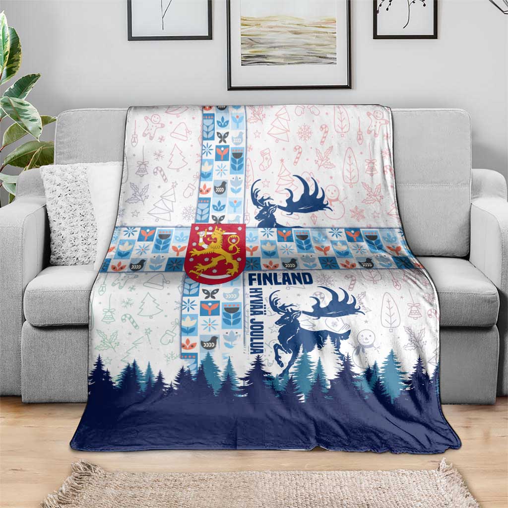 Finland Christmas Blanket with Reindeer Forest Crest and Nordic Pattern Design - Wonder Print Shop