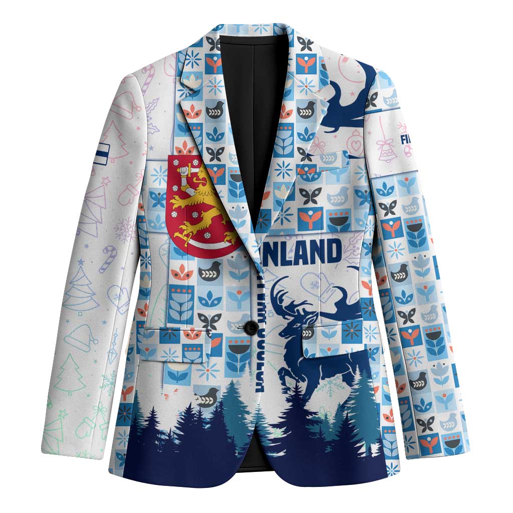 Finland Christmas Blazer with Reindeer Forest Crest and Nordic Pattern Design - Wonder Print Shop