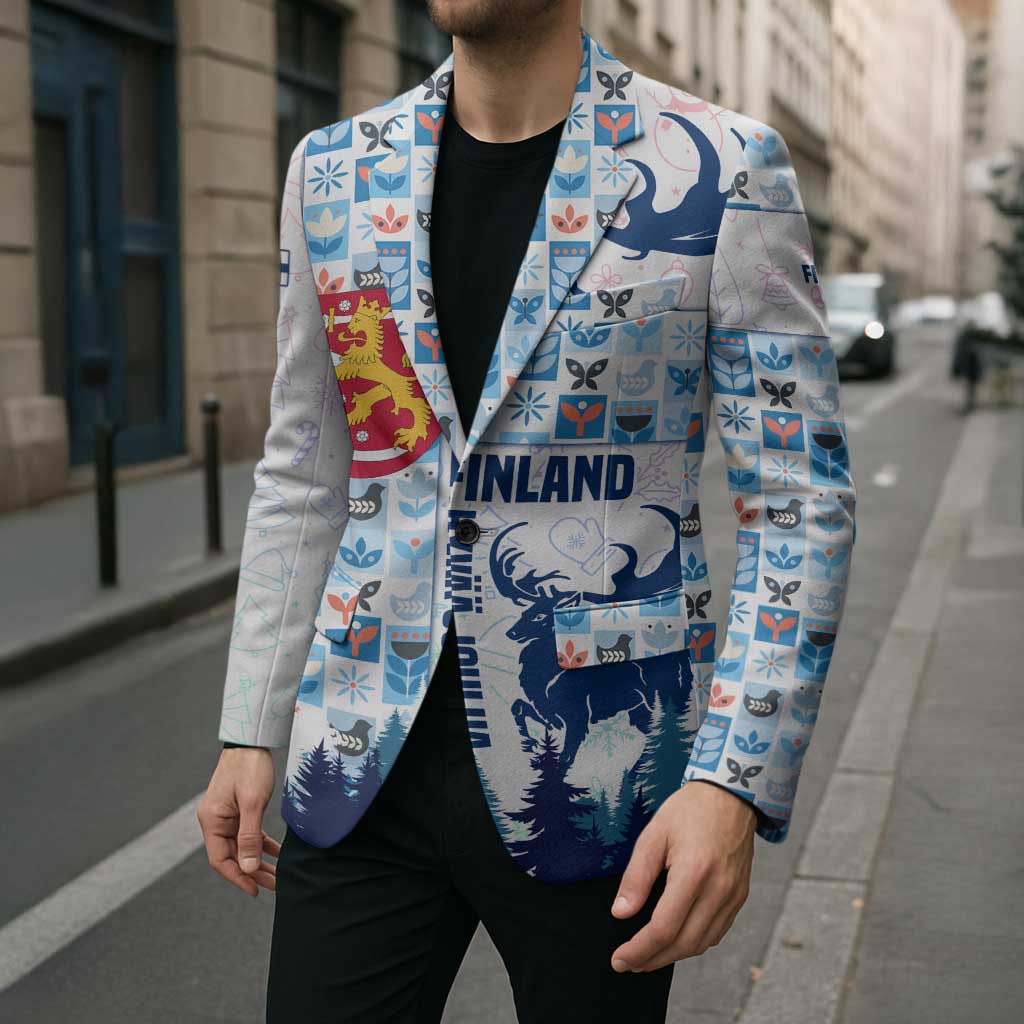 Finland Christmas Blazer with Reindeer Forest Crest and Nordic Pattern Design - Wonder Print Shop