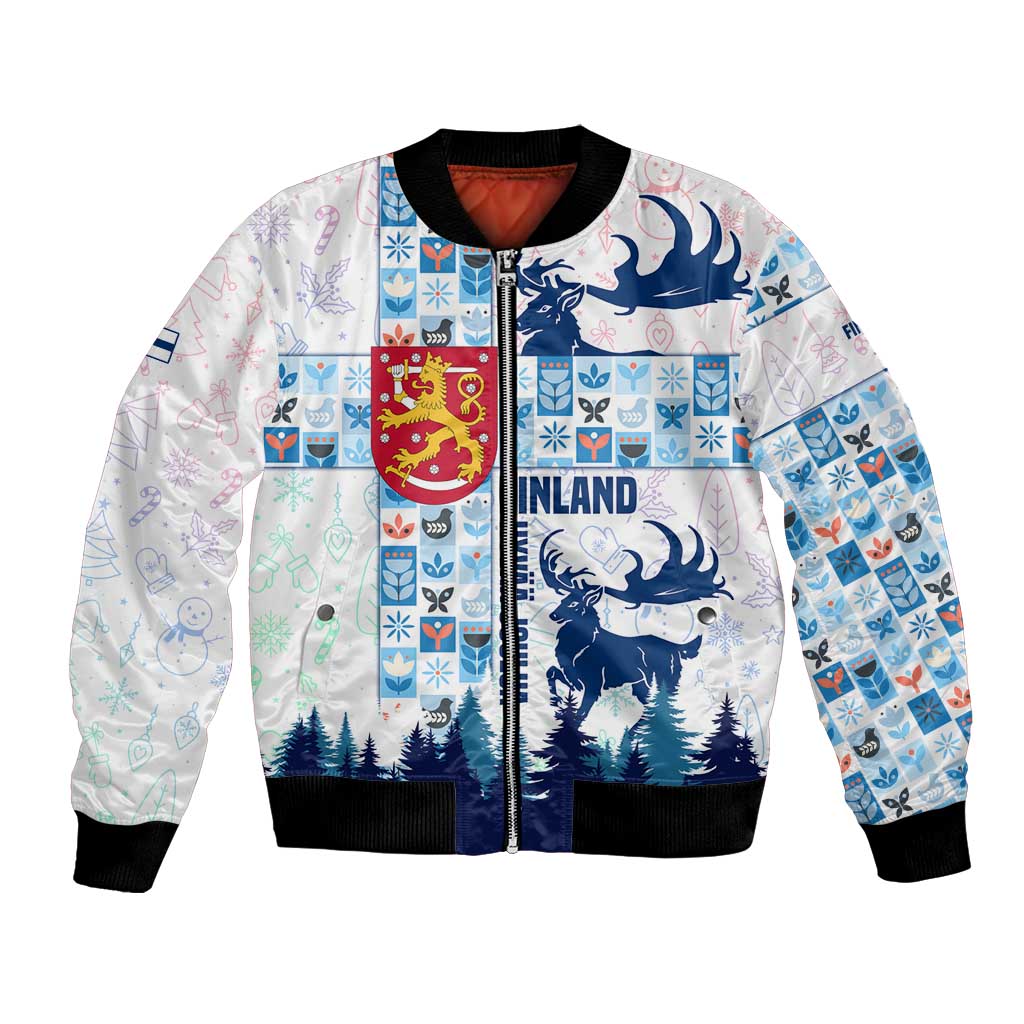 Finland Christmas Bomber Jacket with Reindeer Forest Crest and Nordic Pattern Design - Wonder Print Shop