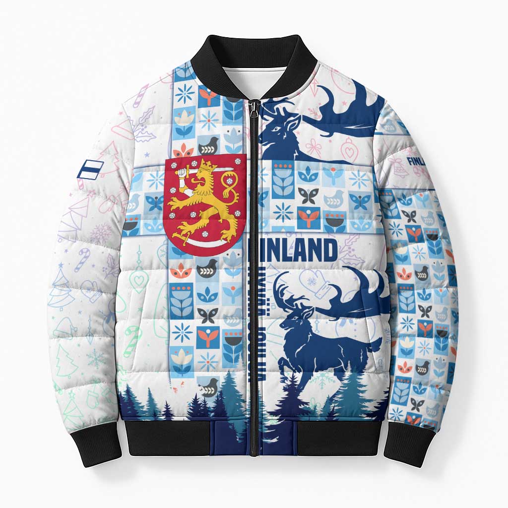 Finland Christmas Bomber Puffer Jacket with Reindeer Forest Crest and Nordic Pattern Design - Wonder Print Shop