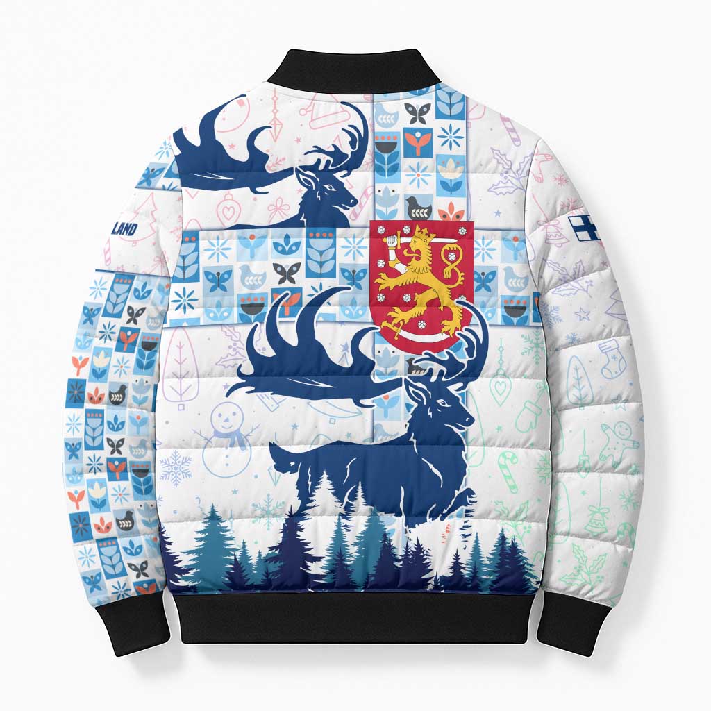 Finland Christmas Bomber Puffer Jacket with Reindeer Forest Crest and Nordic Pattern Design - Wonder Print Shop