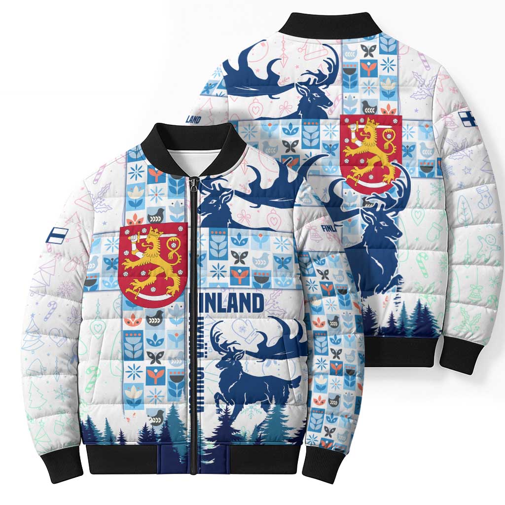 Finland Christmas Bomber Puffer Jacket with Reindeer Forest Crest and Nordic Pattern Design - Wonder Print Shop