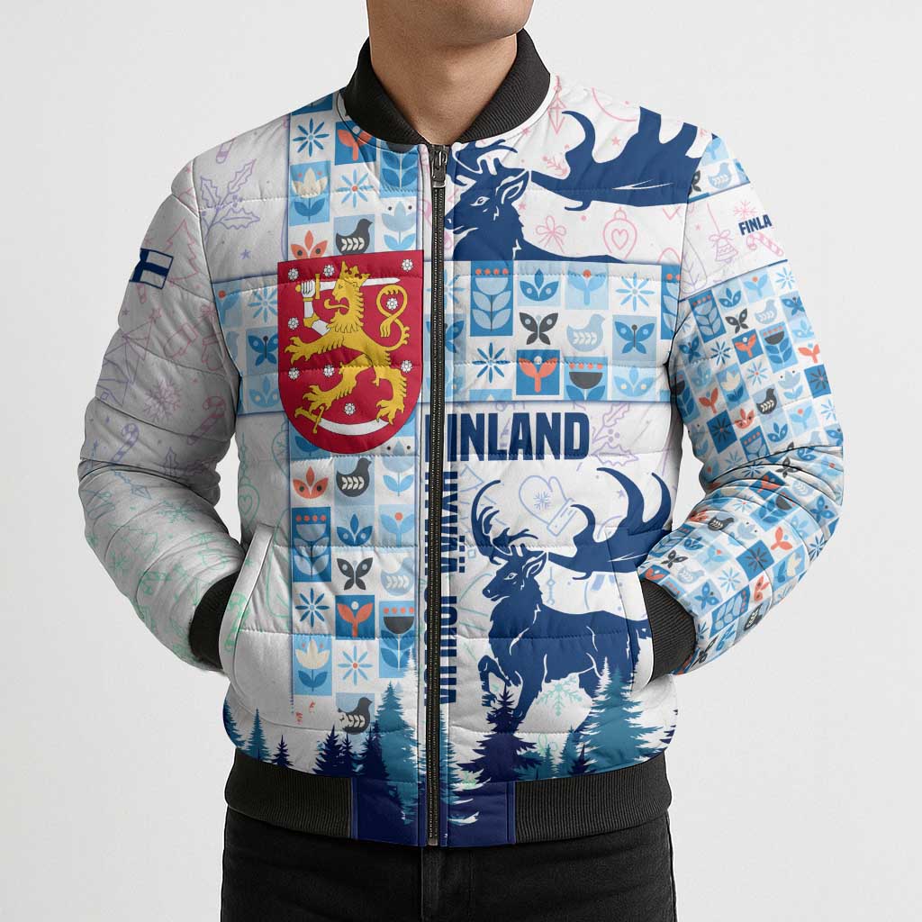 Finland Christmas Bomber Puffer Jacket with Reindeer Forest Crest and Nordic Pattern Design - Wonder Print Shop