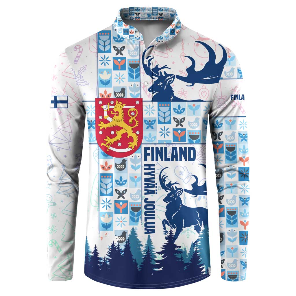 Finland Christmas Button Sweatshirt with Reindeer Forest Crest and Nordic Pattern Design - Wonder Print Shop