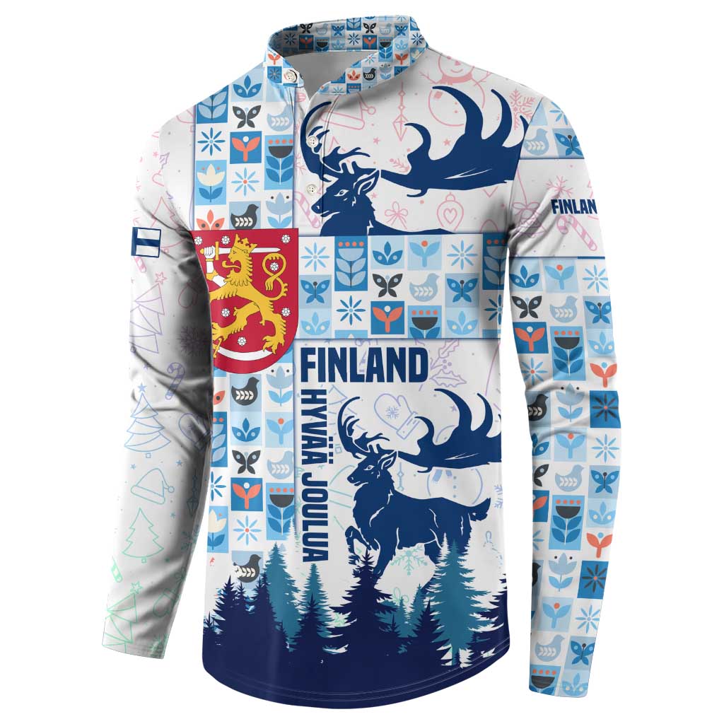 Finland Christmas Button Sweatshirt with Reindeer Forest Crest and Nordic Pattern Design - Wonder Print Shop