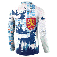 Finland Christmas Button Sweatshirt with Reindeer Forest Crest and Nordic Pattern Design - Wonder Print Shop