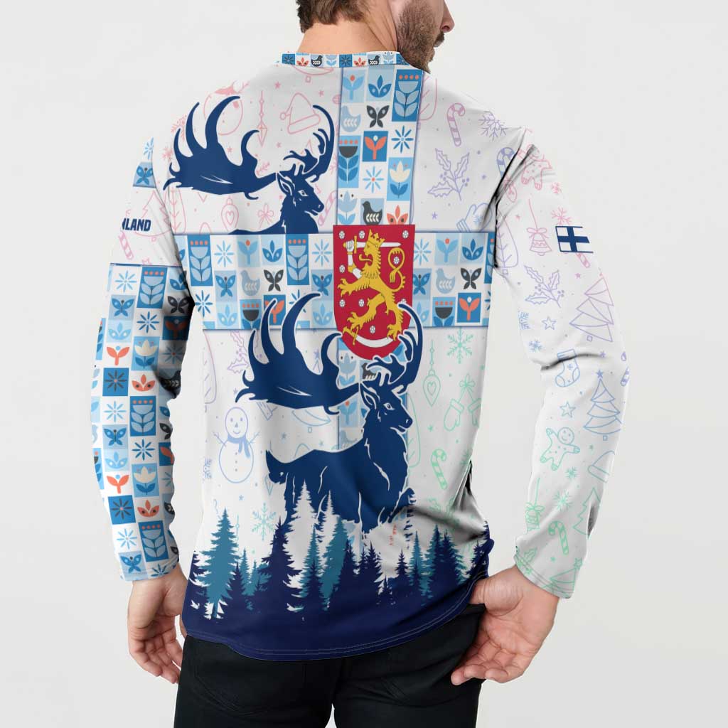 Finland Christmas Button Sweatshirt with Reindeer Forest Crest and Nordic Pattern Design - Wonder Print Shop