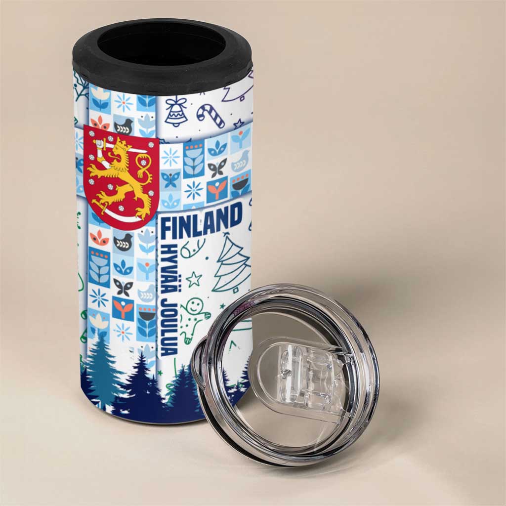 Finland Christmas 4 in 1 Can Cooler Tumbler with Reindeer Forest Crest and Nordic Pattern Design - Wonder Print Shop