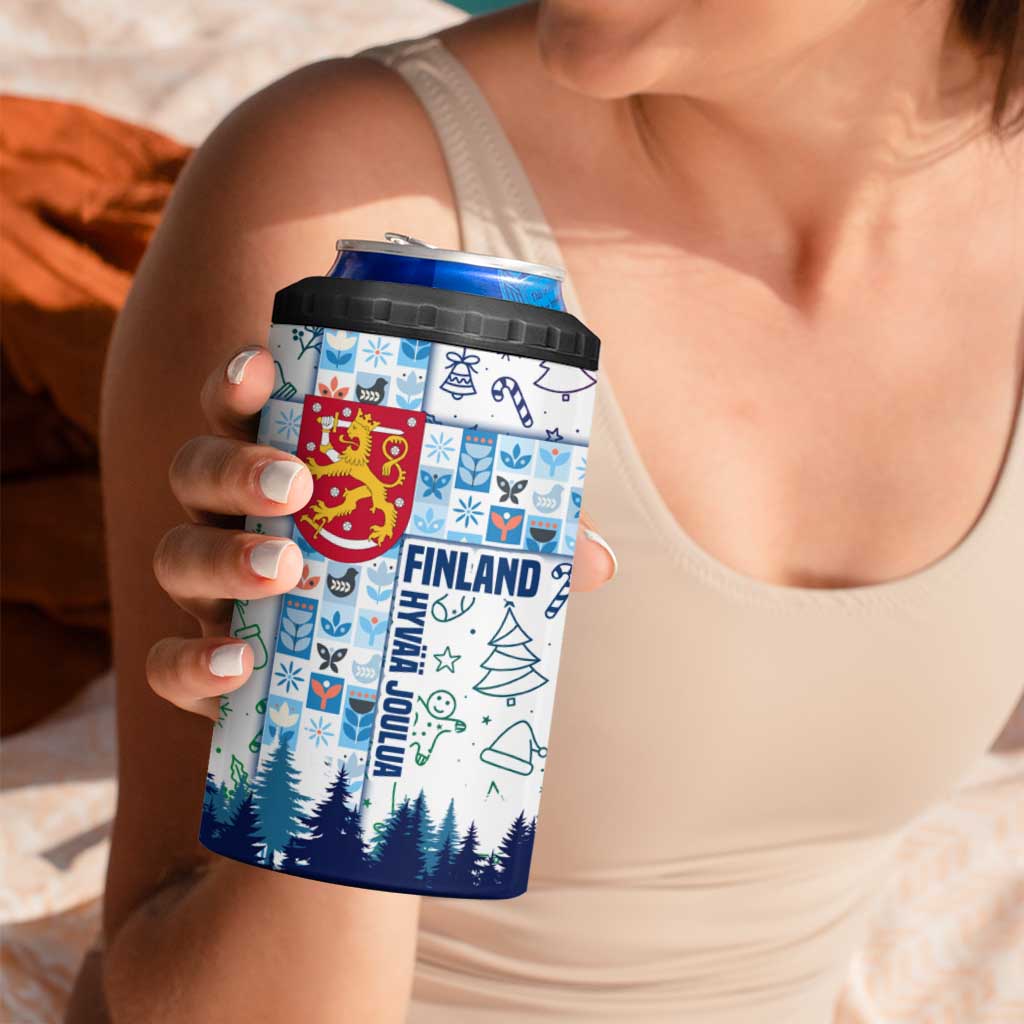 Finland Christmas 4 in 1 Can Cooler Tumbler with Reindeer Forest Crest and Nordic Pattern Design - Wonder Print Shop