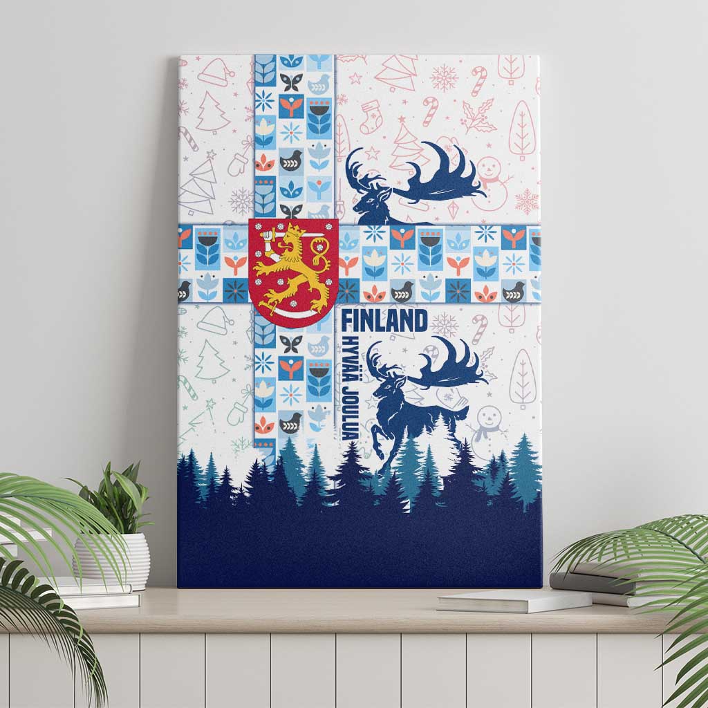 Finland Christmas Canvas Wall Art with Reindeer Forest Crest and Nordic Pattern Design - Wonder Print Shop