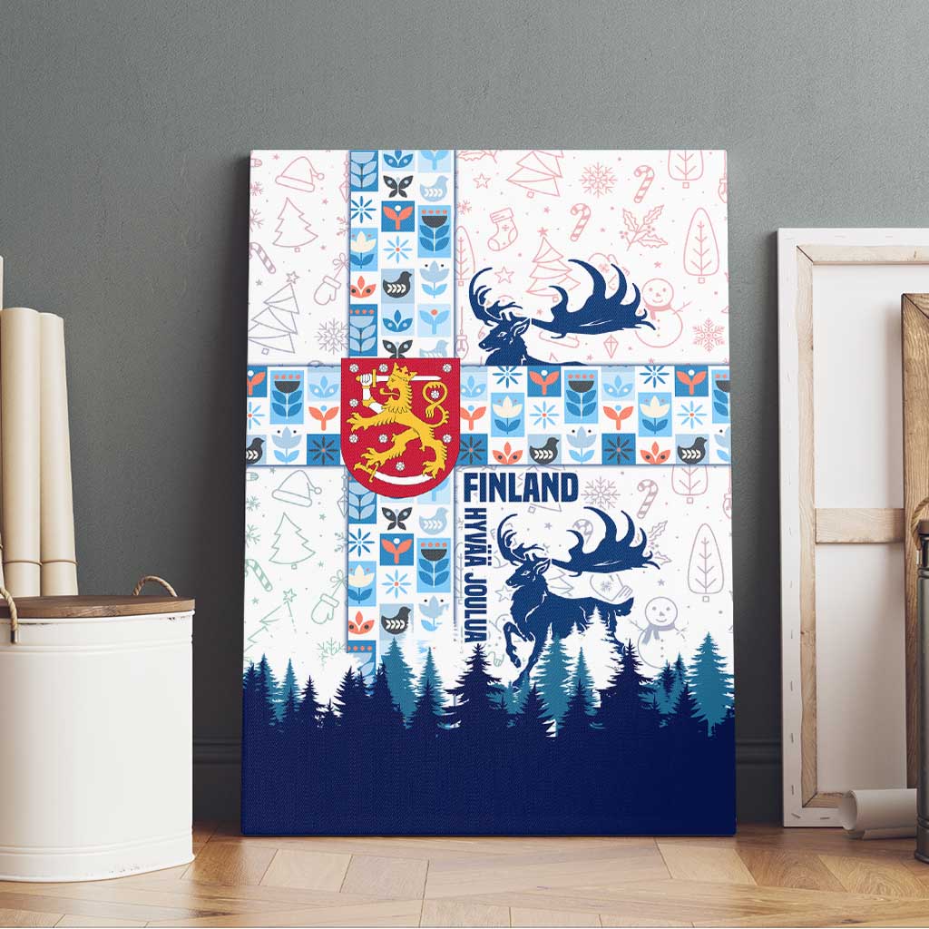 Finland Christmas Canvas Wall Art with Reindeer Forest Crest and Nordic Pattern Design - Wonder Print Shop