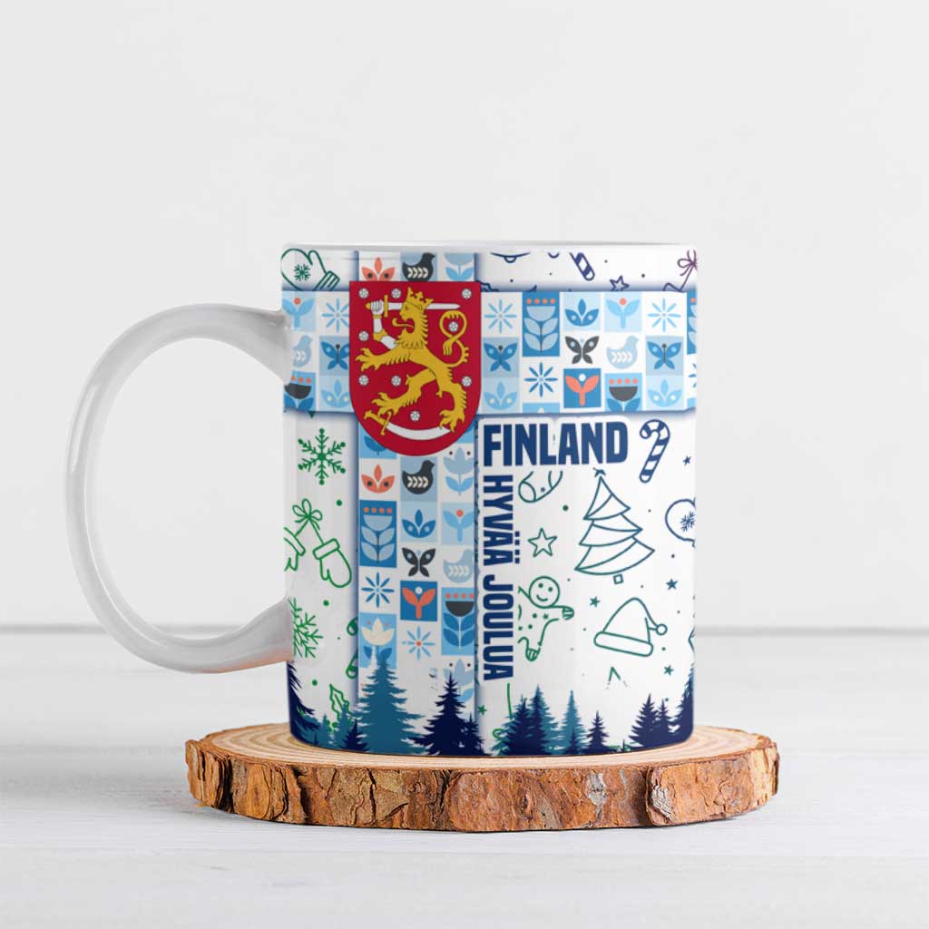 Finland Christmas Ceramic Mug with Reindeer Forest Crest and Nordic Pattern Design - Wonder Print Shop