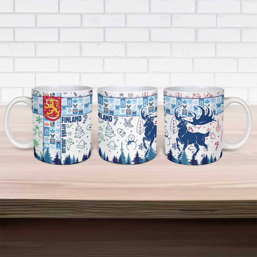 Finland Christmas Ceramic Mug with Reindeer Forest Crest and Nordic Pattern Design - Wonder Print Shop