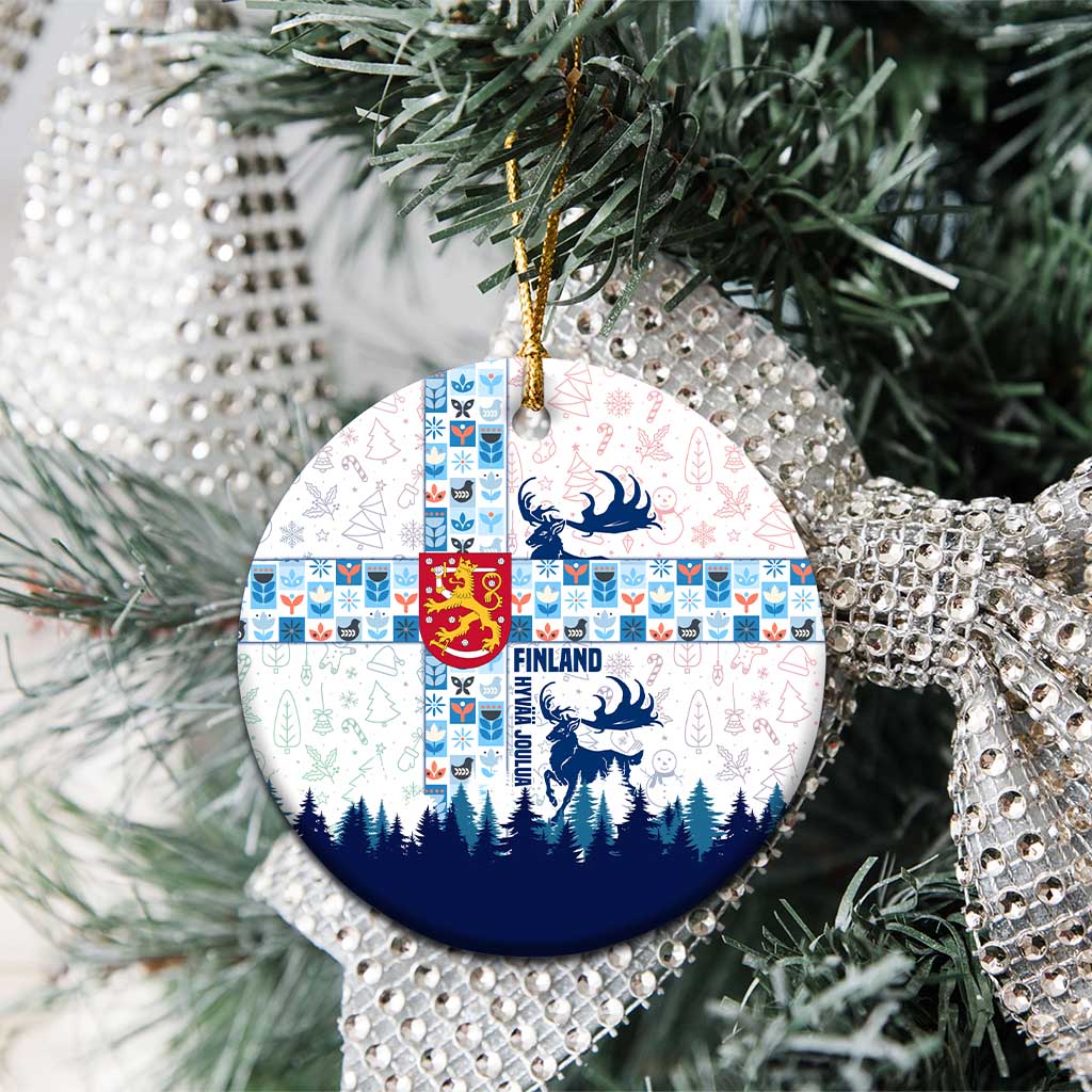 Finland Christmas Ceramic Ornament with Reindeer Forest Crest and Nordic Pattern Design - Wonder Print Shop