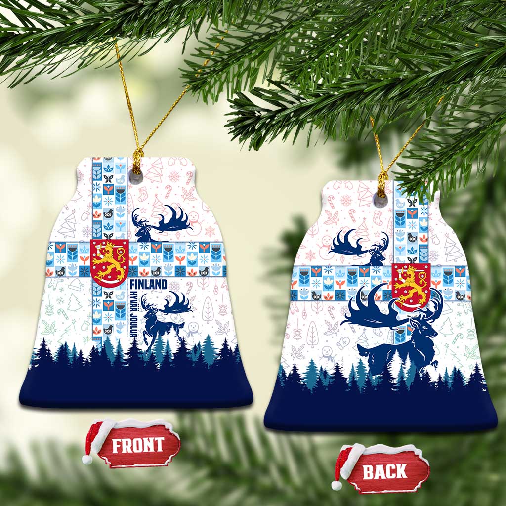 Finland Christmas Ceramic Ornament with Reindeer Forest Crest and Nordic Pattern Design - Wonder Print Shop