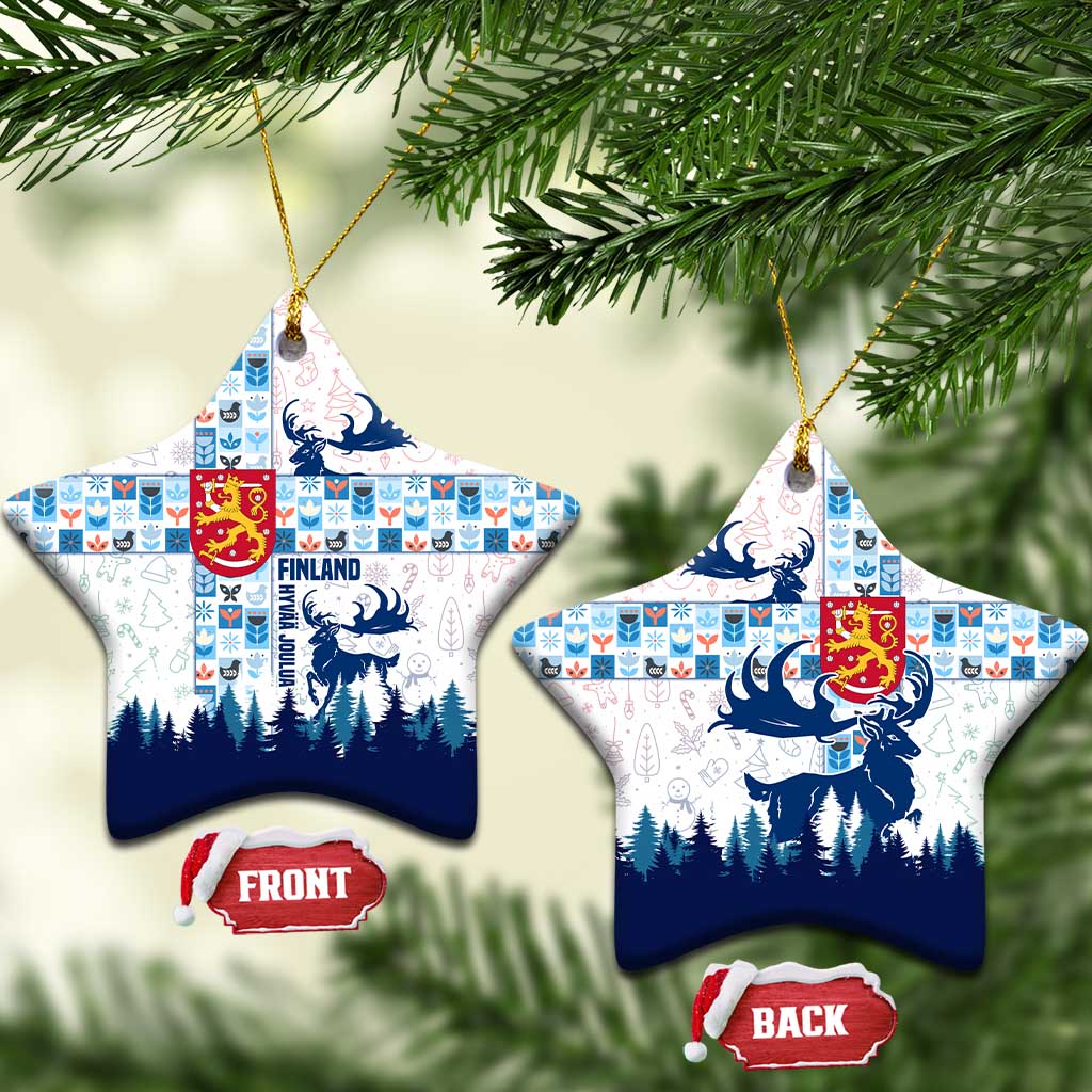 Finland Christmas Ceramic Ornament with Reindeer Forest Crest and Nordic Pattern Design - Wonder Print Shop