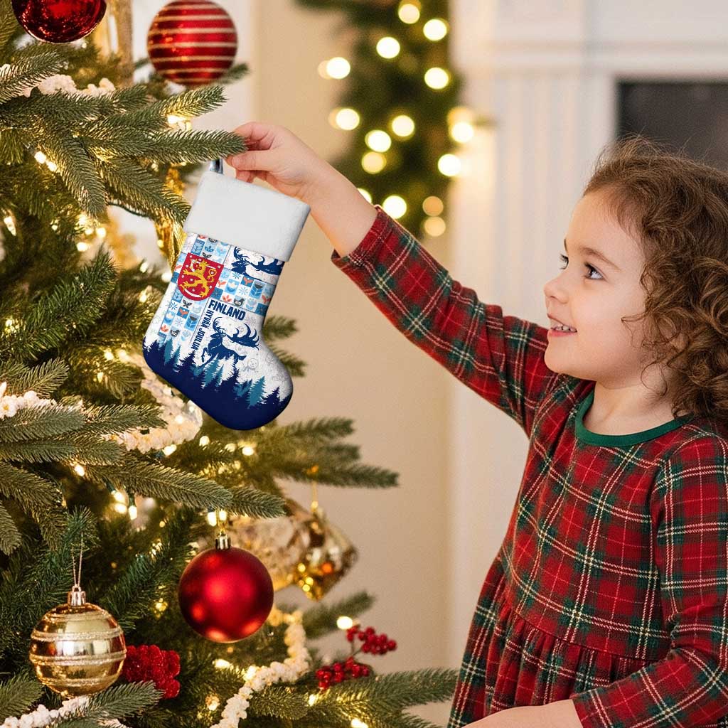 Finland Christmas Stocking with Reindeer Forest Crest and Nordic Pattern Design - Wonder Print Shop
