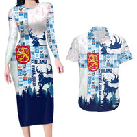 Finland Christmas Couples Matching Long Sleeve Bodycon Dress and Hawaiian Shirt with Reindeer Forest Crest and Nordic Pattern Design - Wonder Print Shop