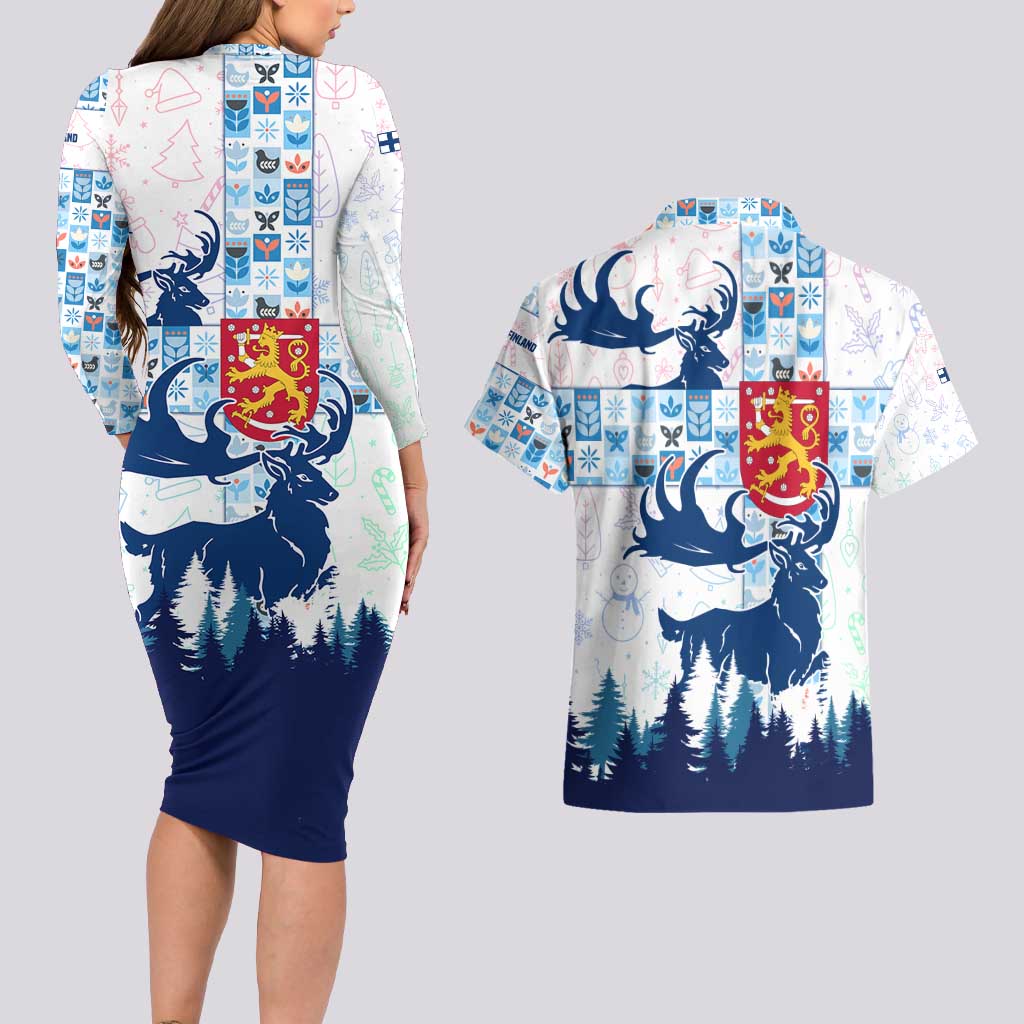 Finland Christmas Couples Matching Long Sleeve Bodycon Dress and Hawaiian Shirt with Reindeer Forest Crest and Nordic Pattern Design - Wonder Print Shop