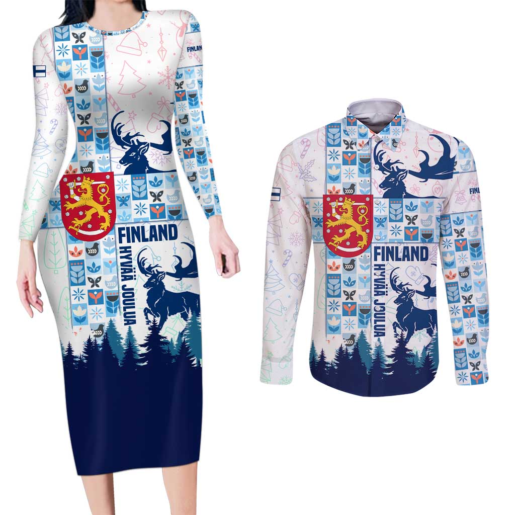 Finland Christmas Couples Matching Long Sleeve Bodycon Dress and Long Sleeve Button Shirt with Reindeer Forest Crest and Nordic Pattern Design - Wonder Print Shop