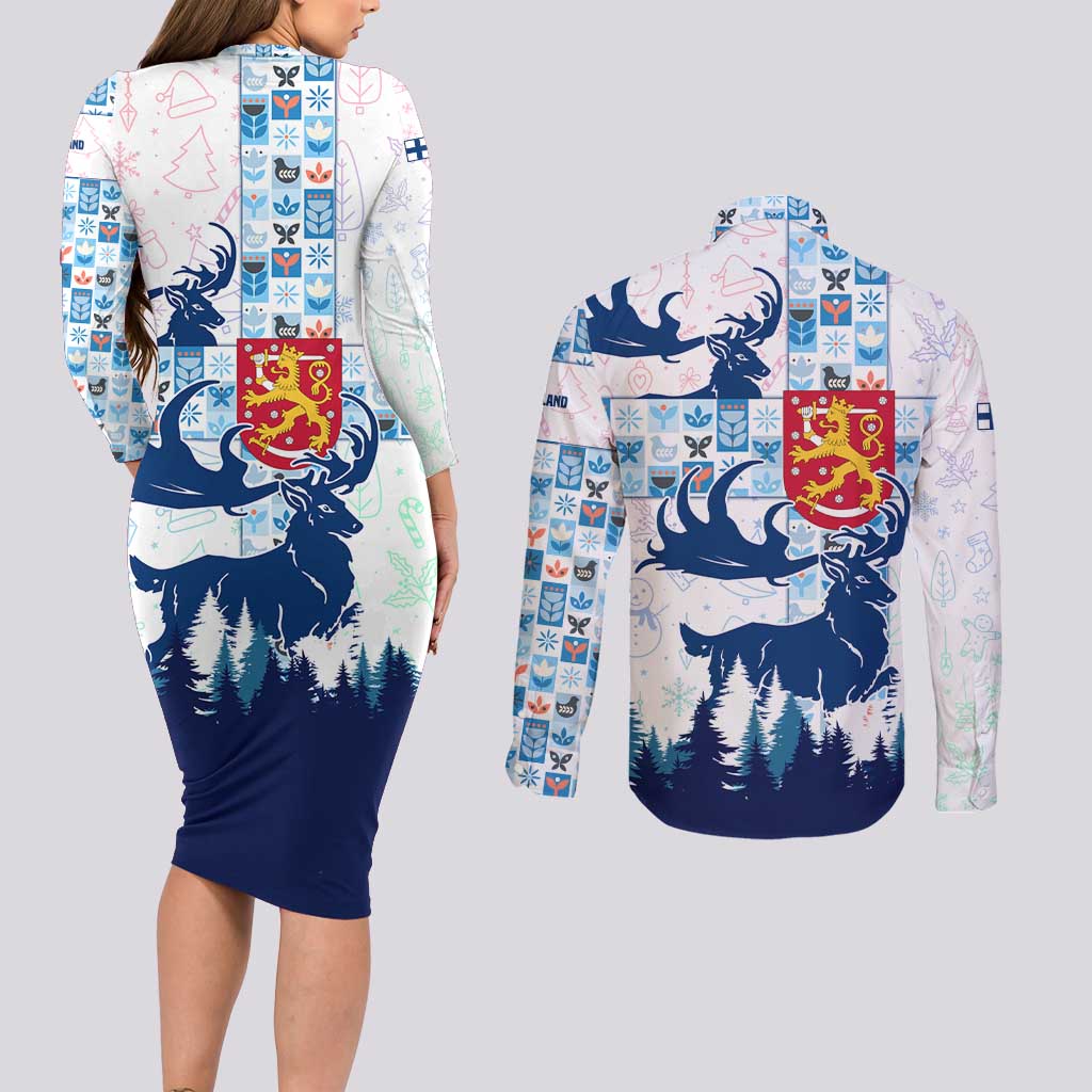 Finland Christmas Couples Matching Long Sleeve Bodycon Dress and Long Sleeve Button Shirt with Reindeer Forest Crest and Nordic Pattern Design - Wonder Print Shop