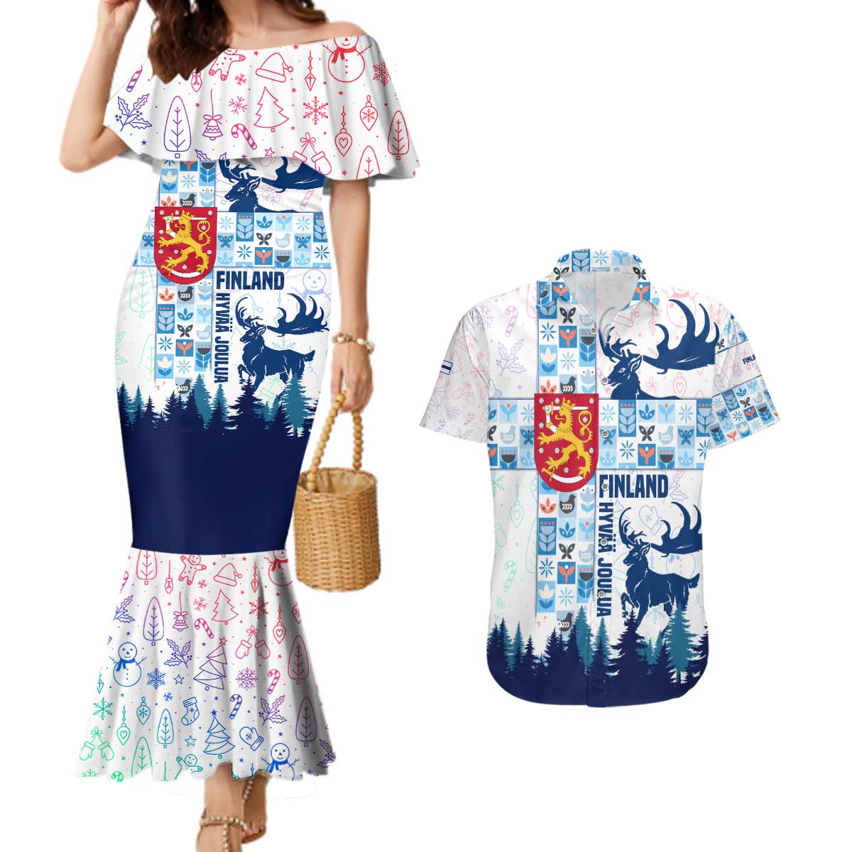 Finland Christmas Couples Matching Mermaid Dress and Hawaiian Shirt with Reindeer Forest Crest and Nordic Pattern Design - Wonder Print Shop