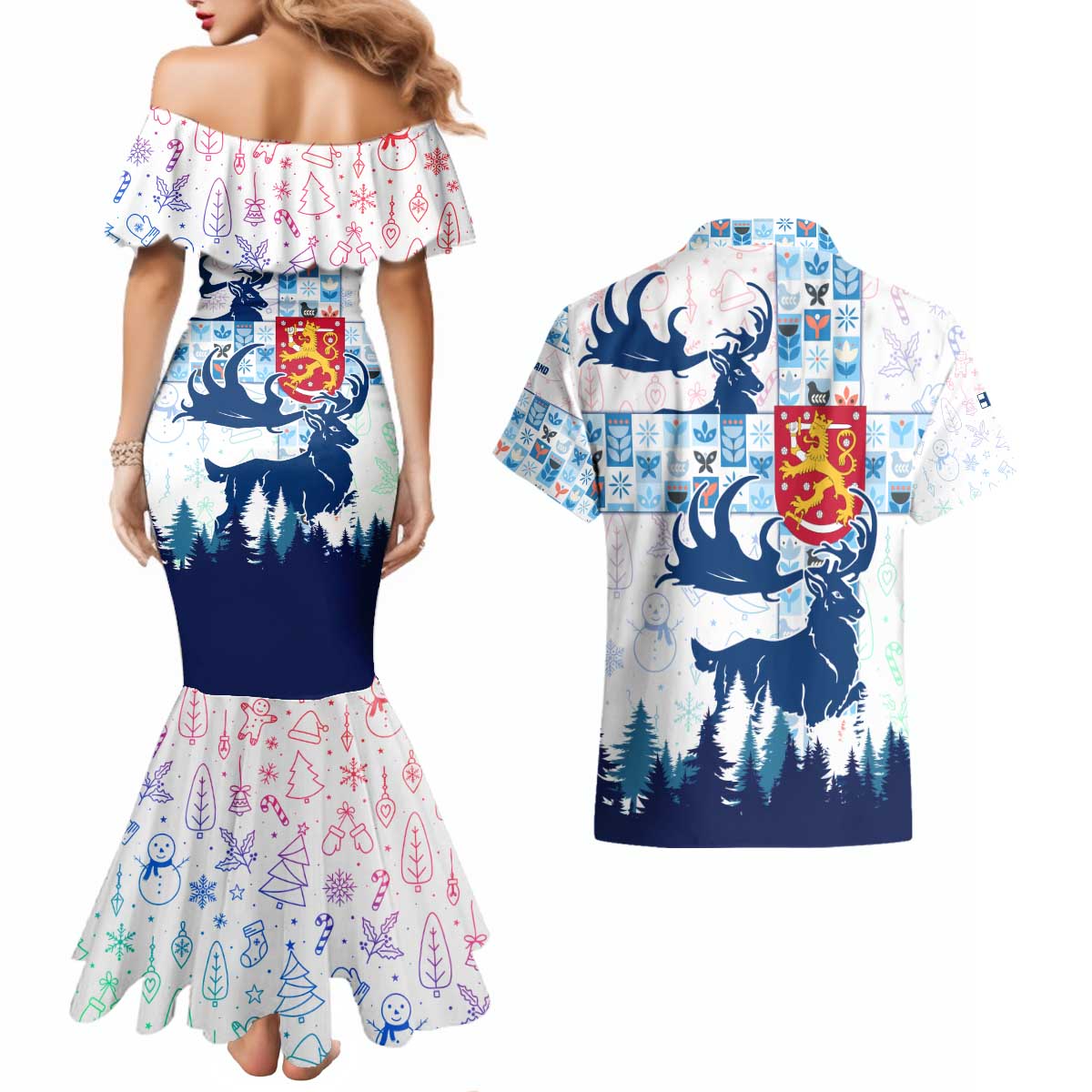 Finland Christmas Couples Matching Mermaid Dress and Hawaiian Shirt with Reindeer Forest Crest and Nordic Pattern Design - Wonder Print Shop