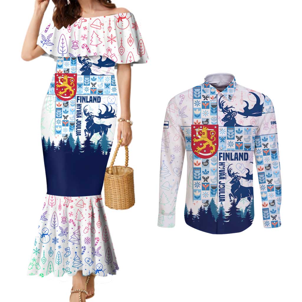 Finland Christmas Couples Matching Mermaid Dress and Long Sleeve Button Shirt with Reindeer Forest Crest and Nordic Pattern Design - Wonder Print Shop