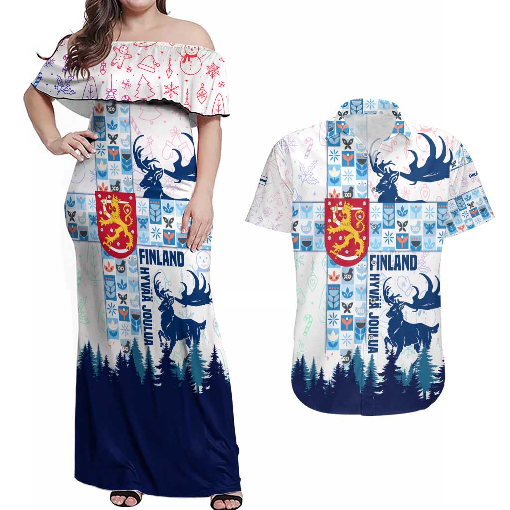 Finland Christmas Couples Matching Off Shoulder Maxi Dress and Hawaiian Shirt with Reindeer Forest Crest and Nordic Pattern Design - Wonder Print Shop
